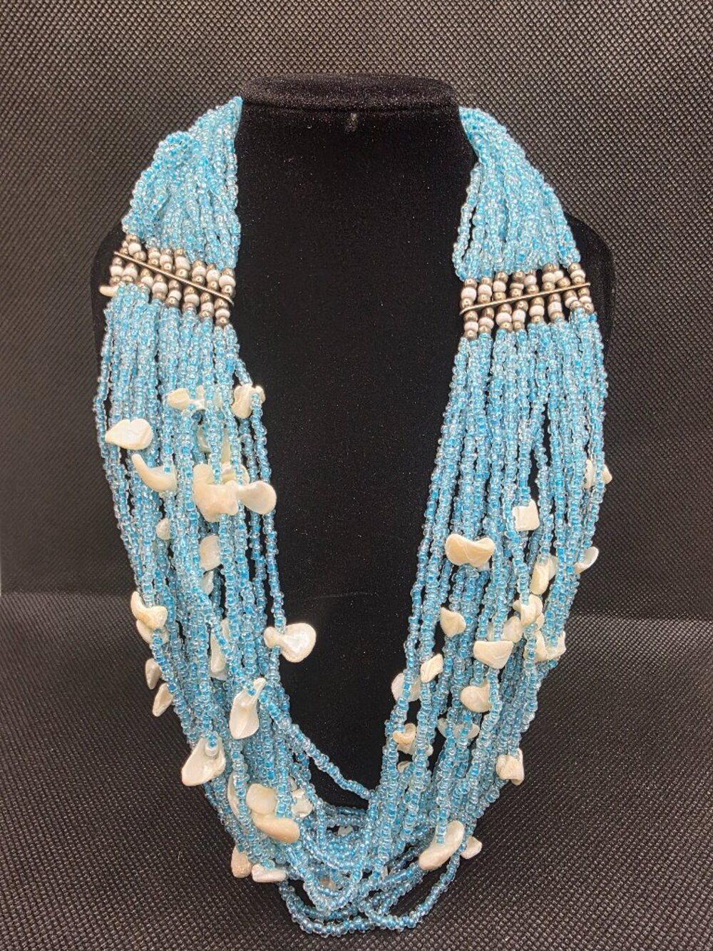 Vintage 1980s Multi Strand Blue Glass Seed Bead & Shell Statement Necklace